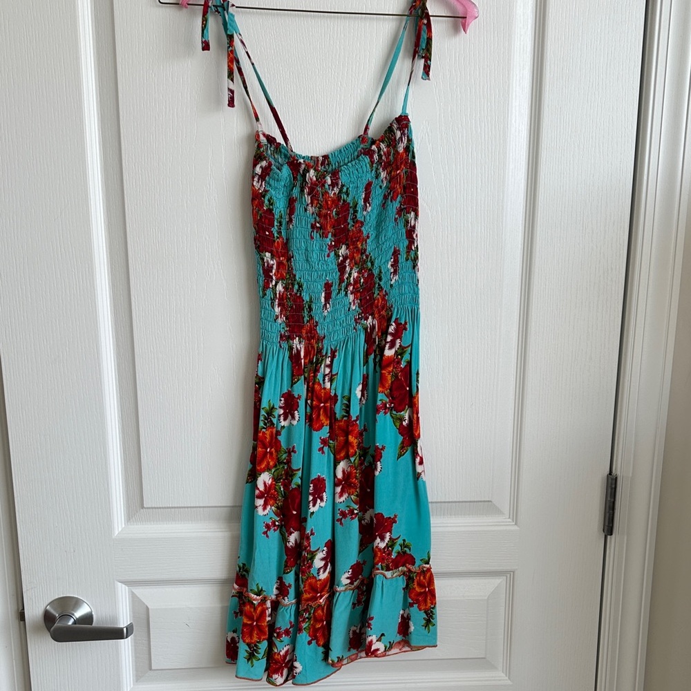Floral Strappy Dress Girls in Blue with Red/Orange flowers